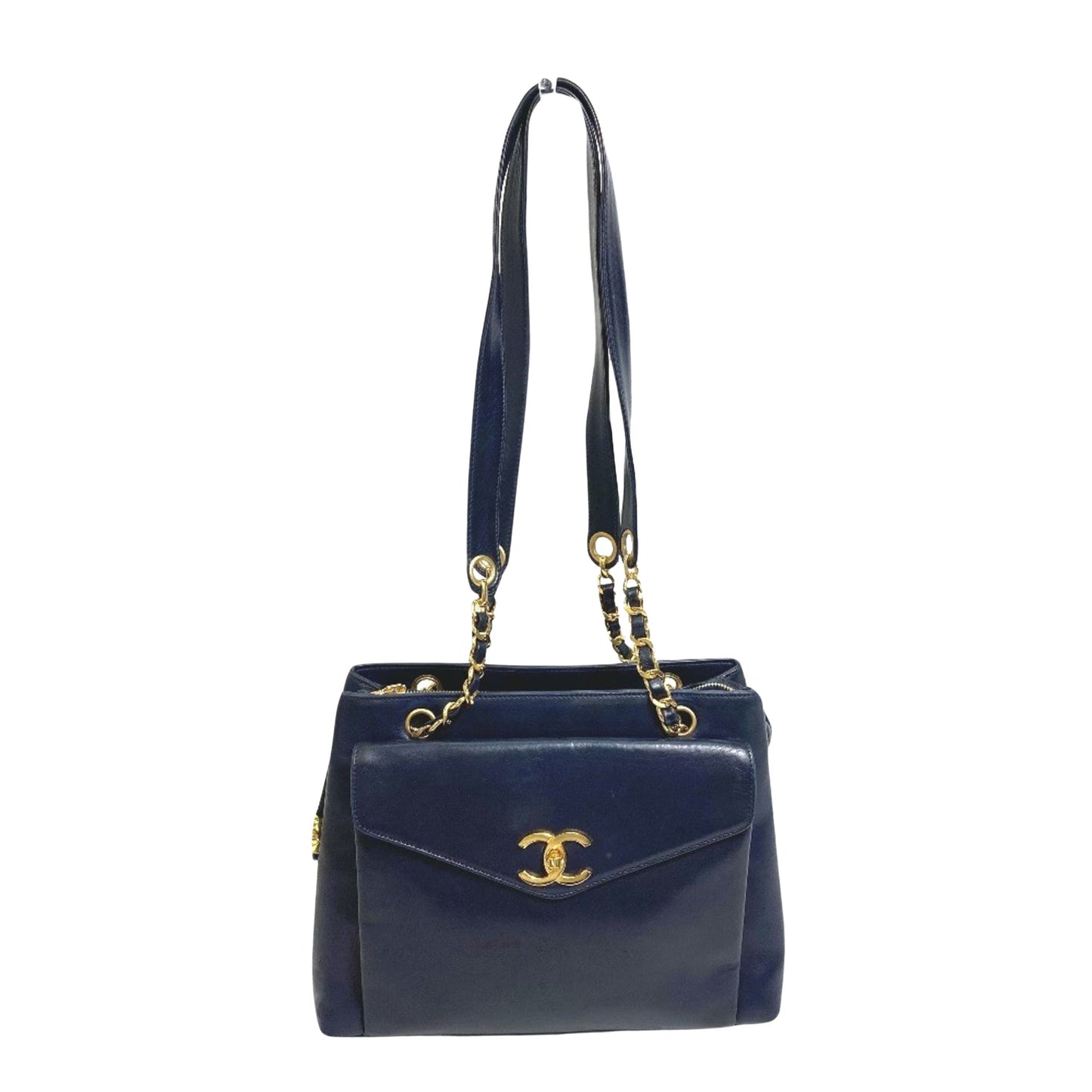 Chanel Logo CC Navy Leather Shoulder Bag