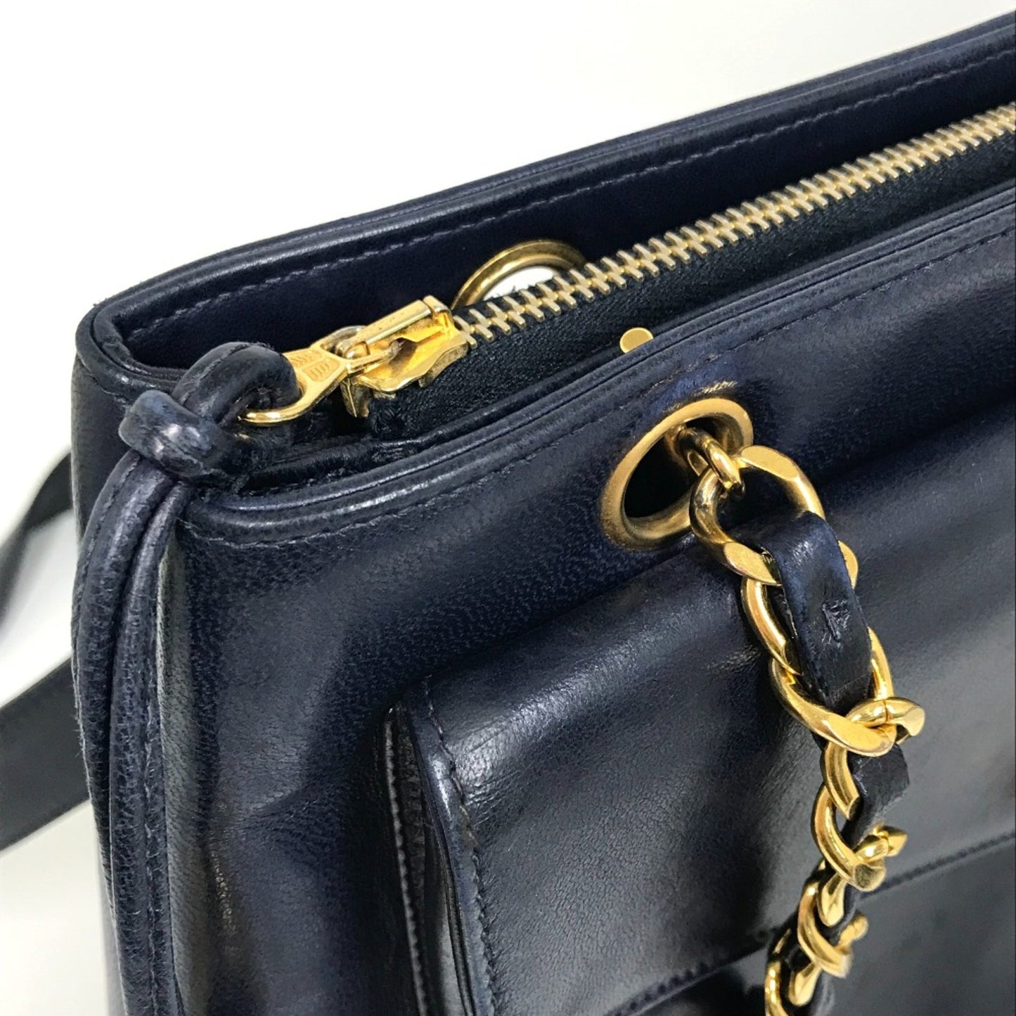 Chanel Logo CC Navy Leather Shoulder Bag