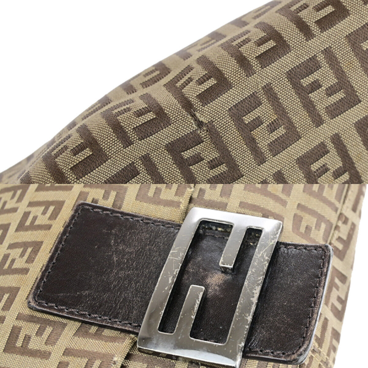 Fendi Mamma Baguette Beige Canvas Shoulder Bag