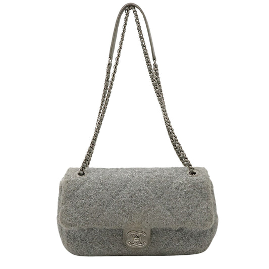 Chanel Matelassé Silver Fabric Shoulder Bag