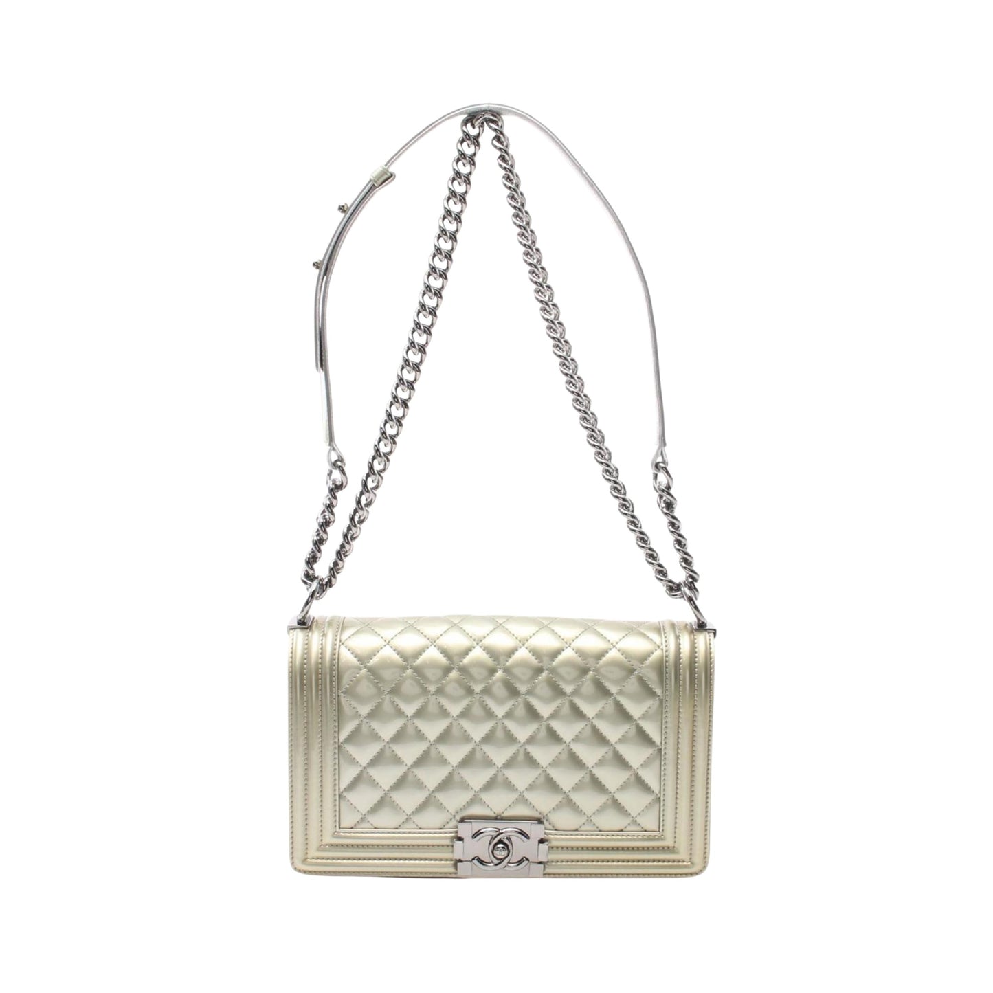 Chanel Boy Silver Patent Leather Shoulder Bag