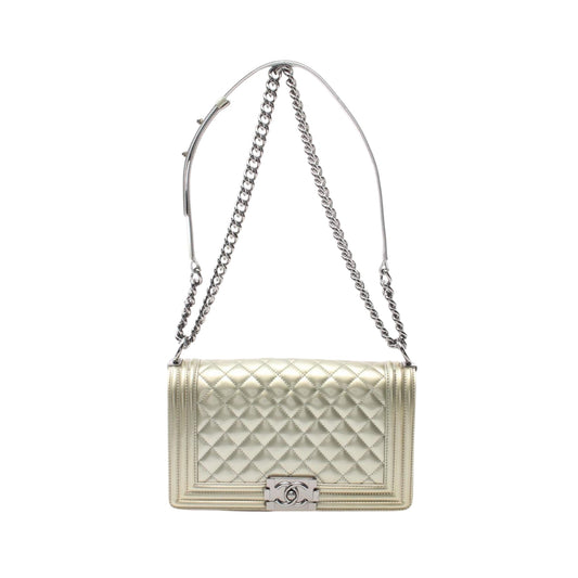 Chanel Boy Silver Patent Leather Shoulder Bag