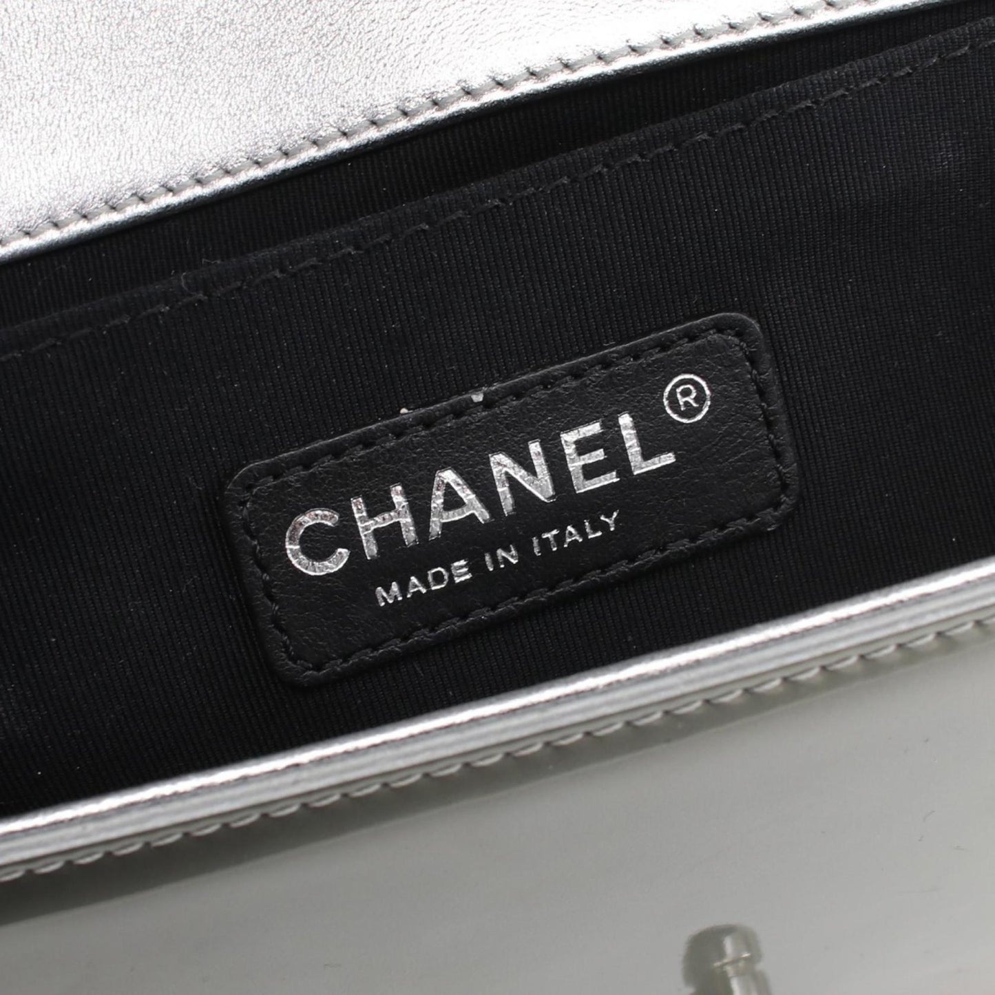 Chanel Boy Silver Patent Leather Shoulder Bag