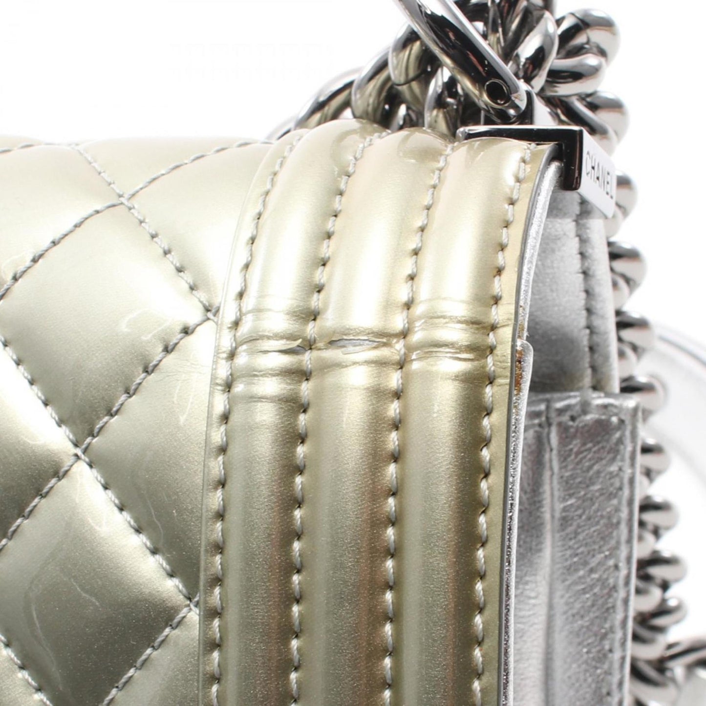 Chanel Boy Silver Patent Leather Shoulder Bag