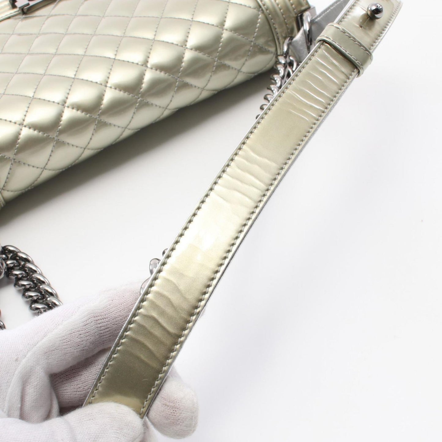 Chanel Boy Silver Patent Leather Shoulder Bag