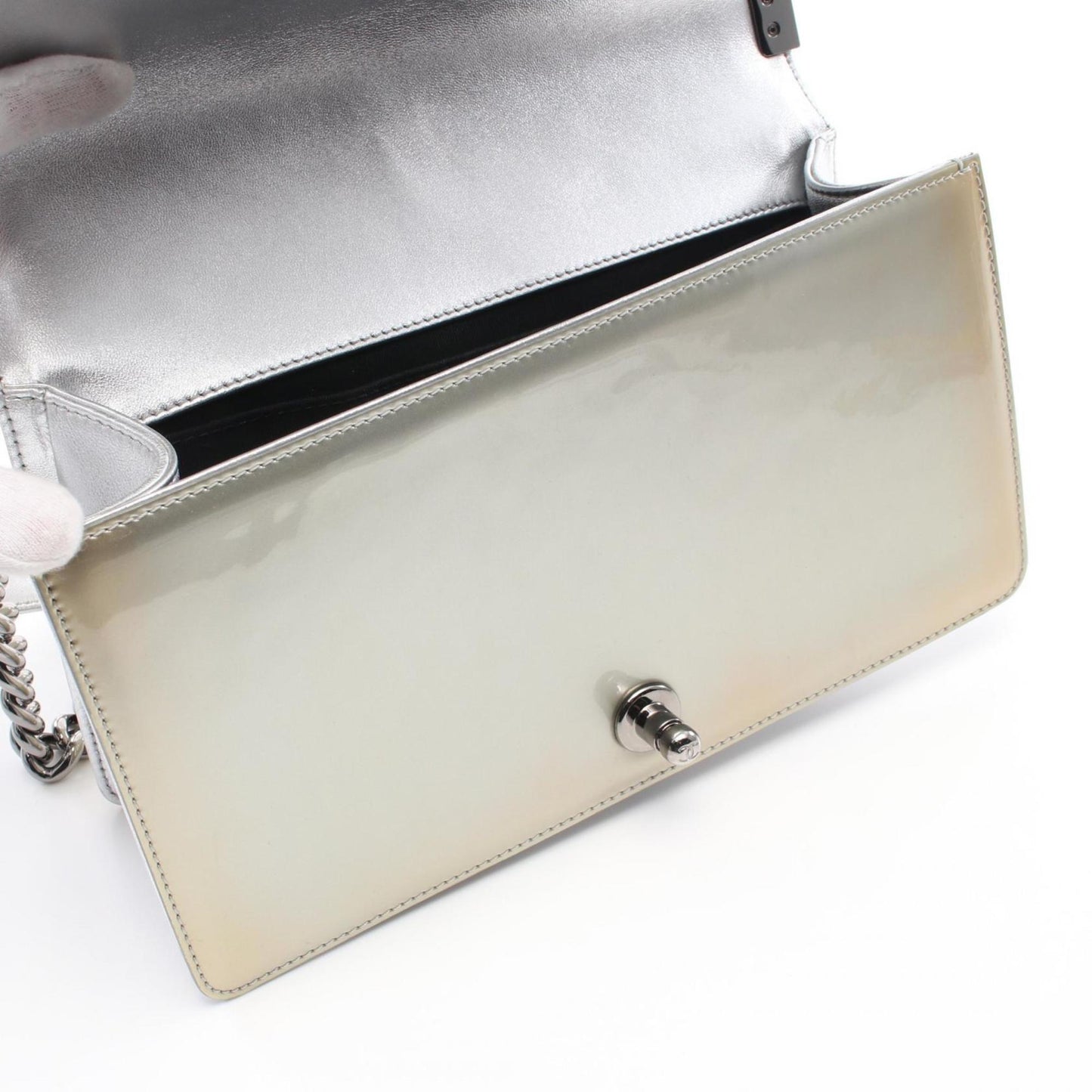 Chanel Boy Silver Patent Leather Shoulder Bag