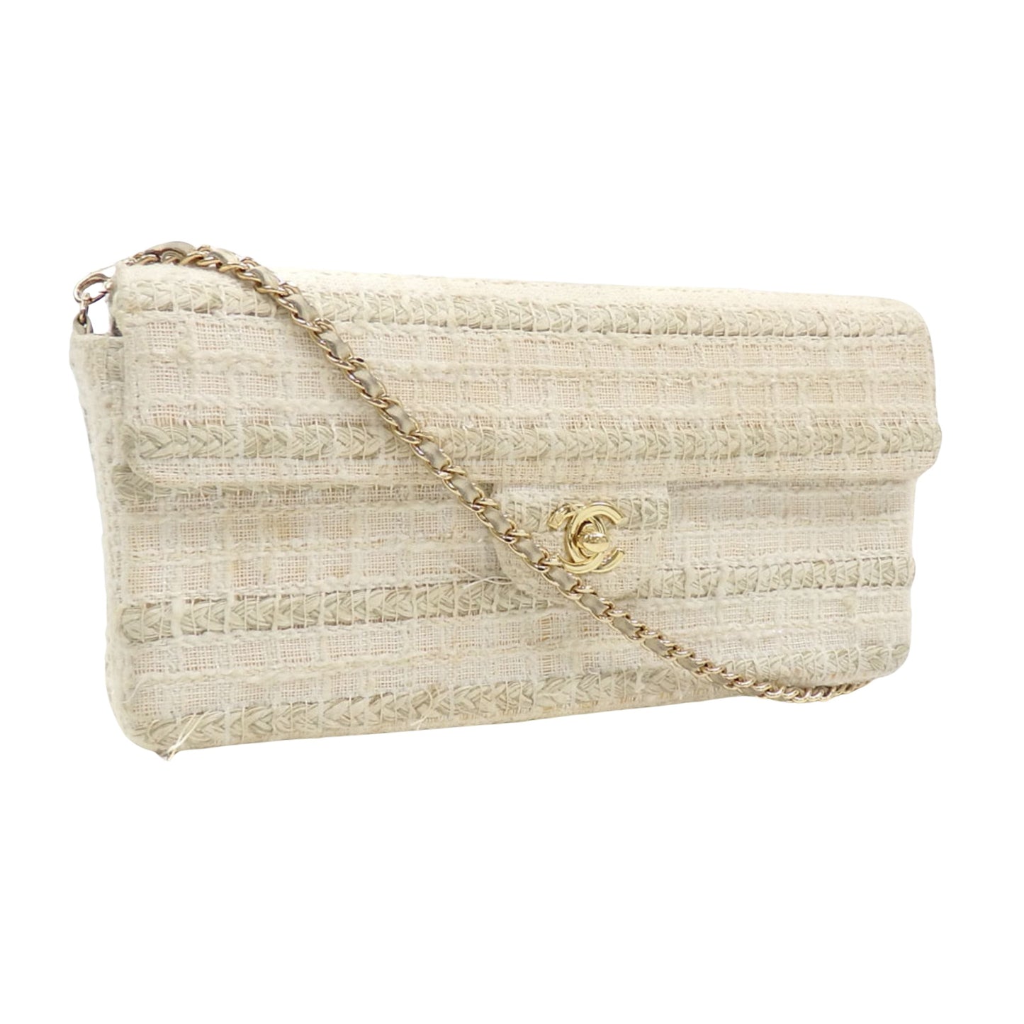 Chanel Chocolate bar White Tweed Shoulder Bag