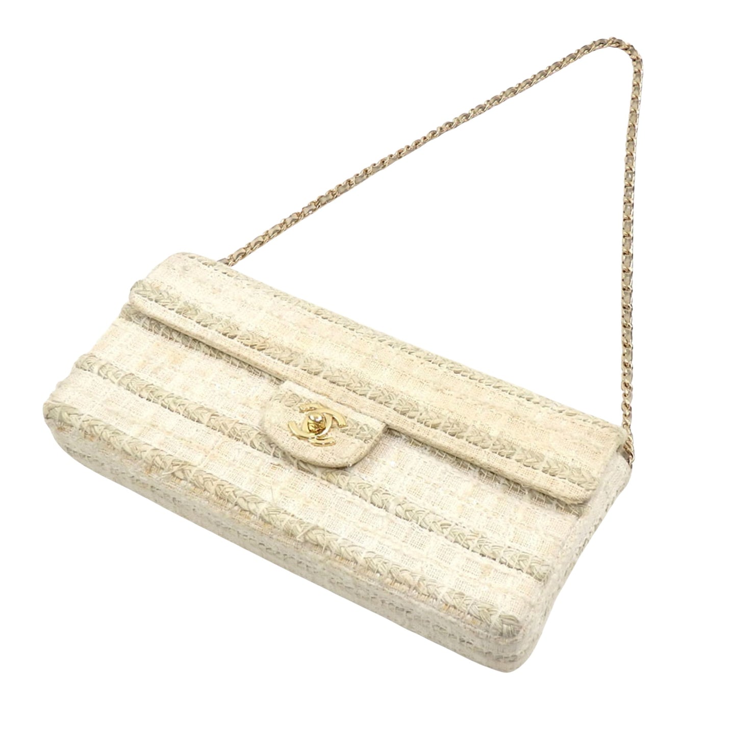 Chanel Chocolate bar White Tweed Shoulder Bag