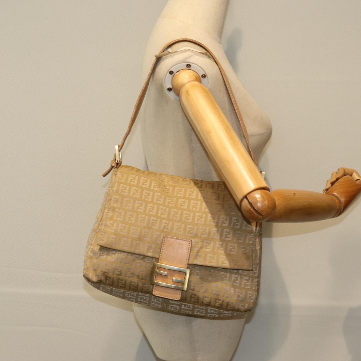 Fendi Mamma Baguette Beige Canvas Shoulder Bag