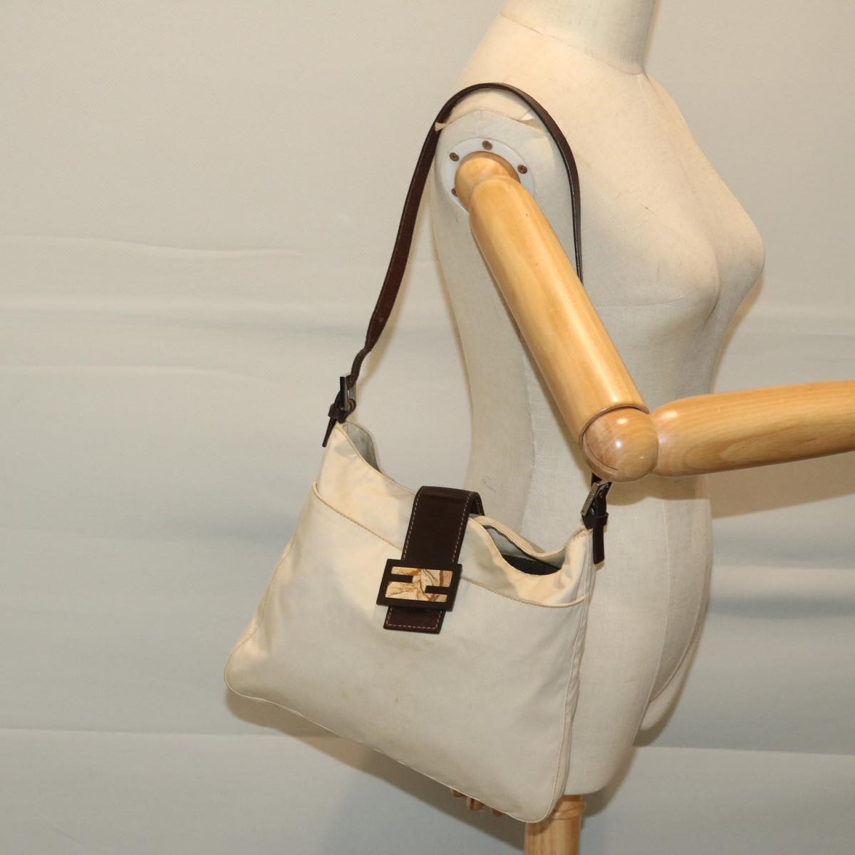 Fendi Mamma Baguette Beige Canvas Shoulder Bag