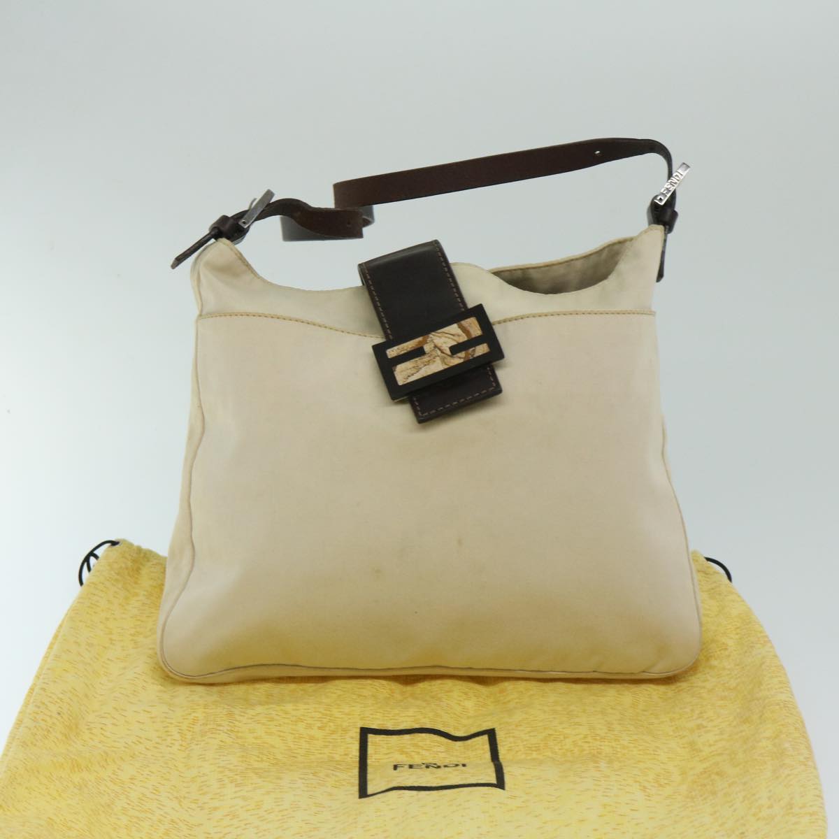 Fendi Mamma Baguette Beige Canvas Shoulder Bag