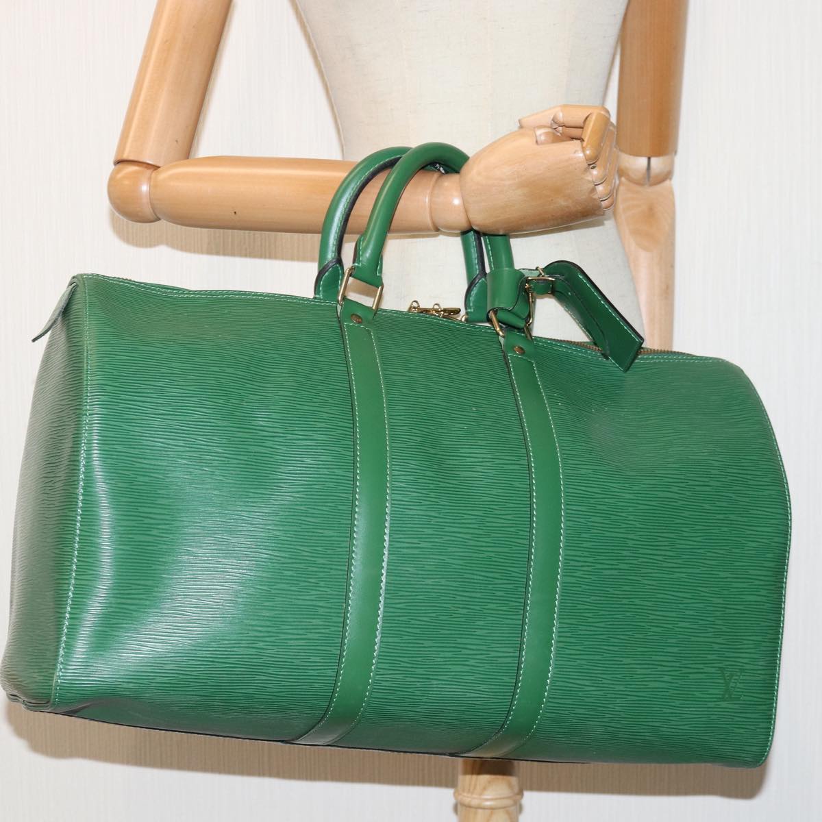 Louis Vuitton Keepall 45 Green Leather Travel Bag