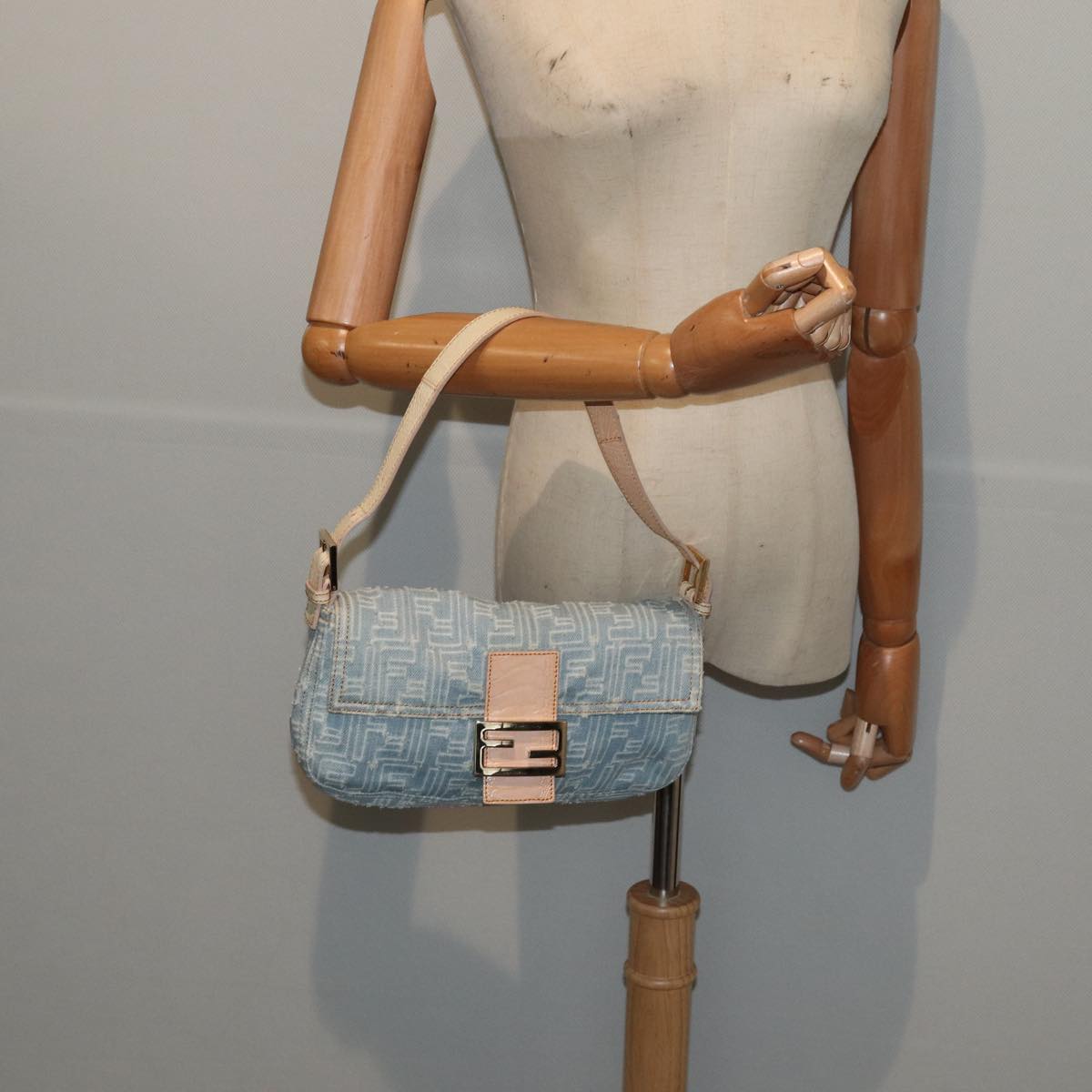 Fendi Baguette Blue Canvas Shoulder Bag