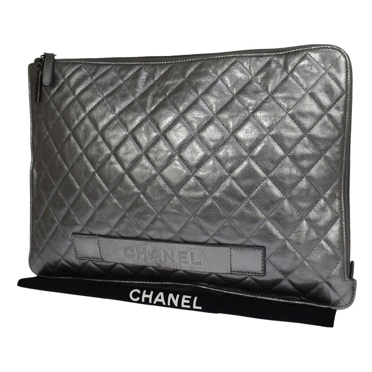 Chanel Quilted Silver Leather Clutch Bag