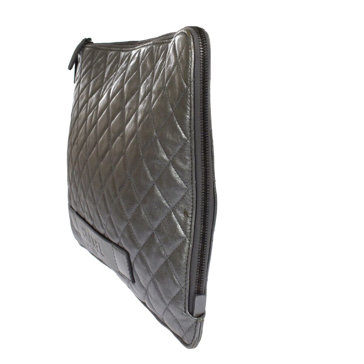 Chanel Quilted Silver Leather Clutch Bag