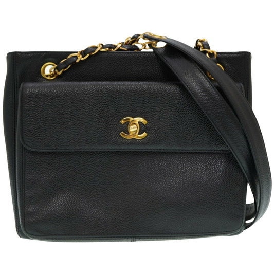 Chanel Logo CC Black Leather Shopper Bag