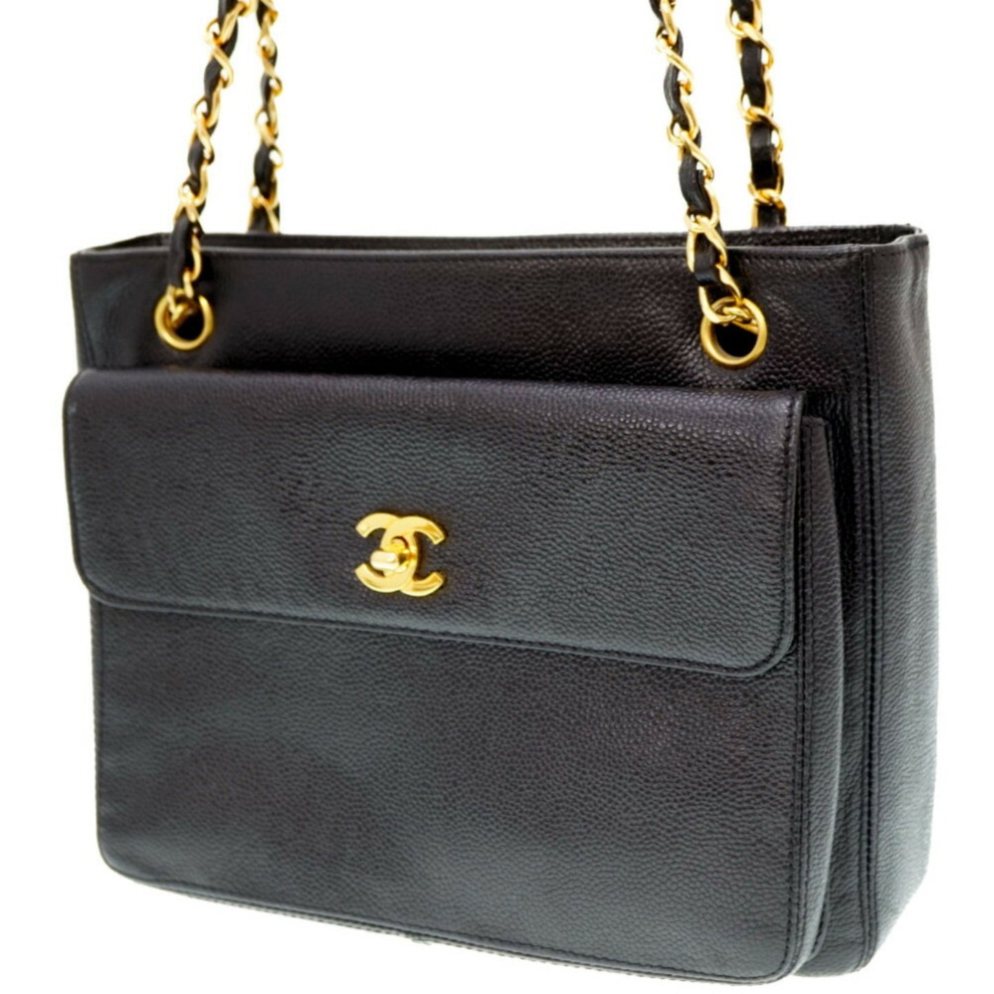 Chanel Logo CC Black Leather Shopper Bag